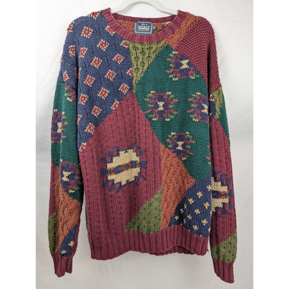 Vintage Y2K Woolrich Handknit Patchwork Sweater Sz XL Colorblock Grunge Grandpa‎ - Picture 2 of 9